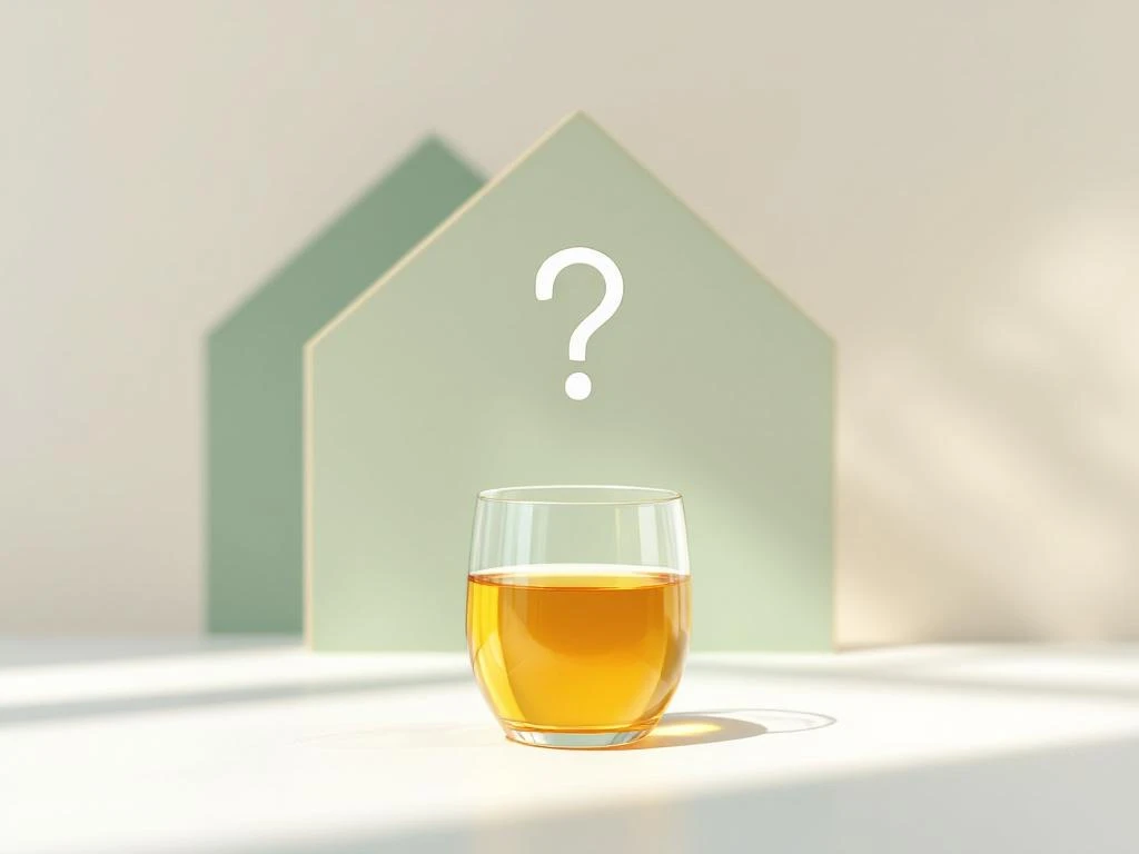 Halfvol glas met amberkleurige vloeistof op witte ondergrond met huissilhouet en vraagteken op achtergrond
