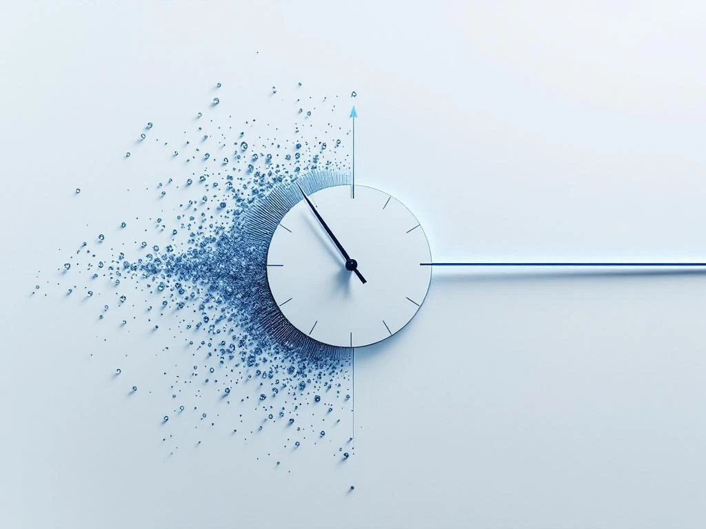 Minimalistische klok met tijdlijn en kristaldeeltjes op witte ondergrond, medische detectie concept