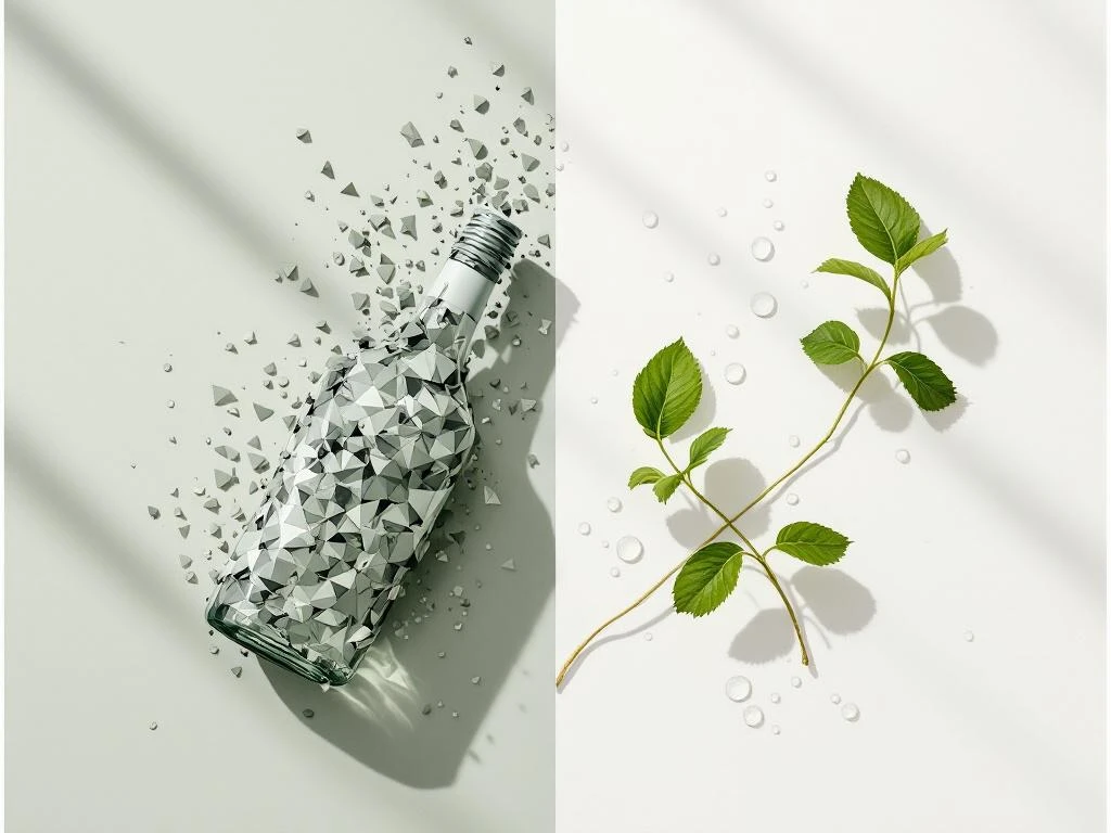 Gesplitst beeld: grijze alcoholfles lost op in fragmenten links, levendige groene planten met waterdruppels rechts