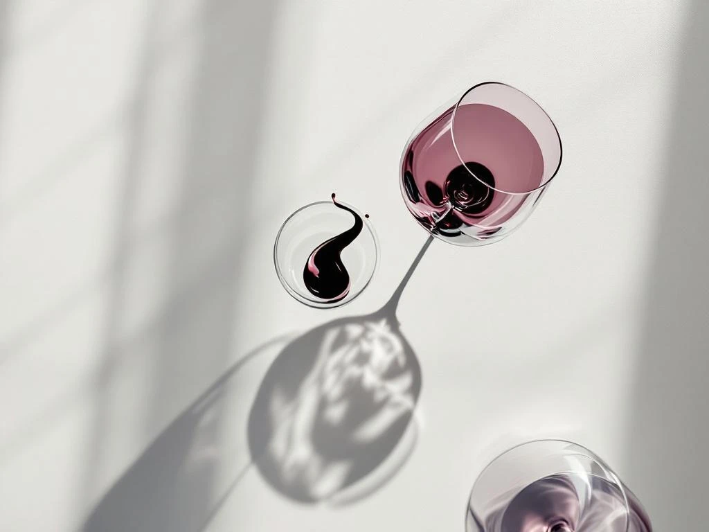 Twee wijnglazen van bovenaf met omgevallen glas en spiraalvormige rode wijnvlek op witte ondergrond met schaduwen