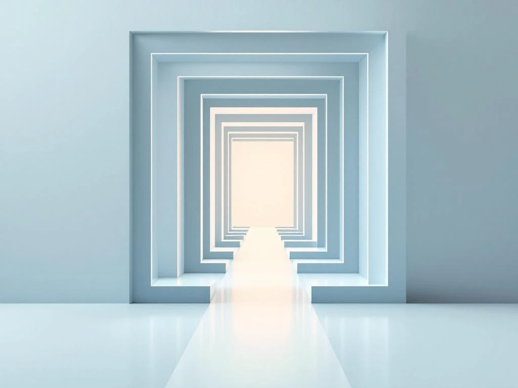 Minimalistische geometrische doolhof in zachte blauwtinten met verlicht pad naar helder licht in het centrum