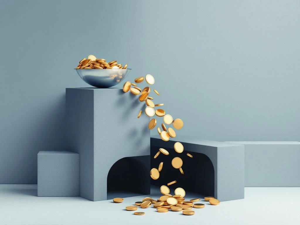 Weegschaal kantelt dramatisch met gouden munten die in het donker vallen, symboliseert financieel verlies en risico.