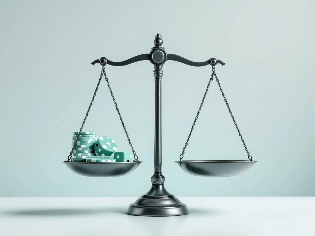 Weegschaal met pokerfichejes en dobbelstenen tegenover medisch kruis symbool, illustreert gokverslaving concept