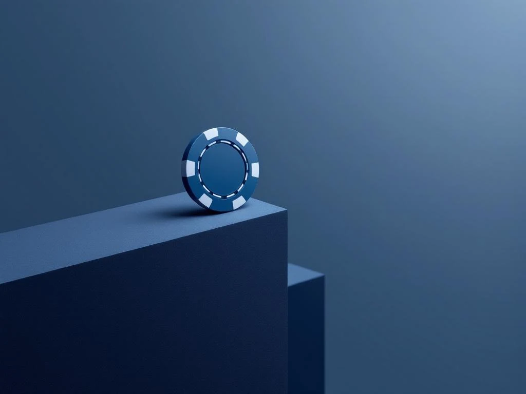 Casino chip balanceert op geometrische klif met abstract doolhof patroon in blauwe en grijze tinten