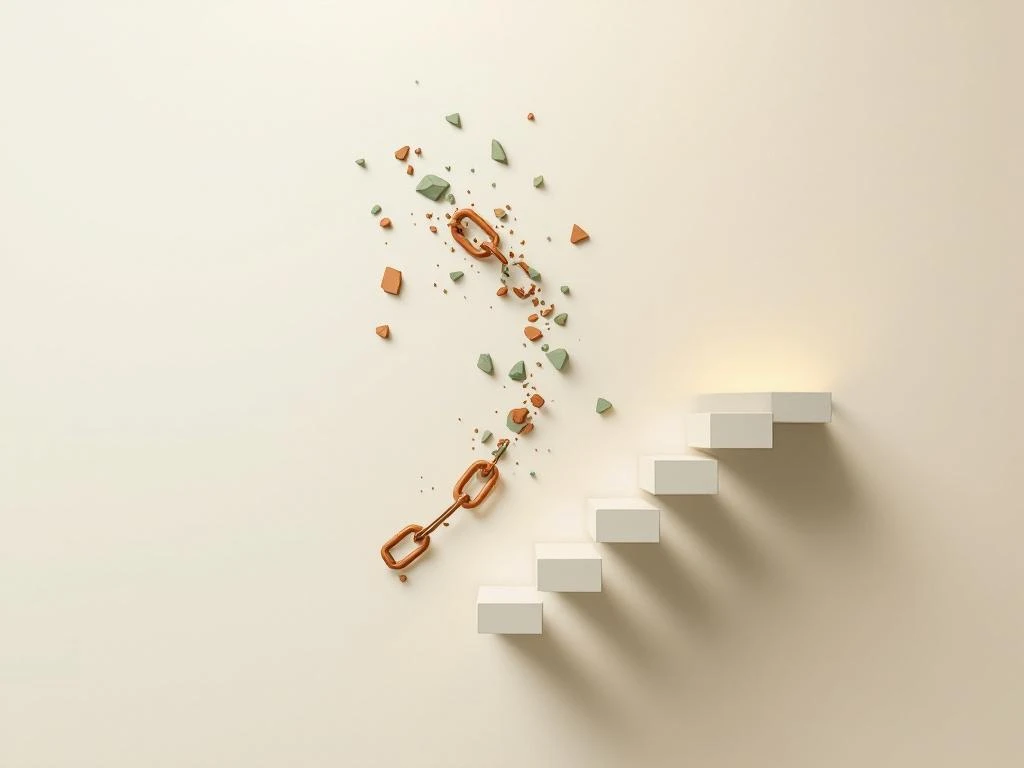 Gebroken keten die oplost in fragmenten en transformeert tot trap, symboliseert herstel en vooruitgang in rustgevende kleuren


---

Note: This alt text is 124 characters and captures the essential elements while staying within the Dutch language requirement and character limit.