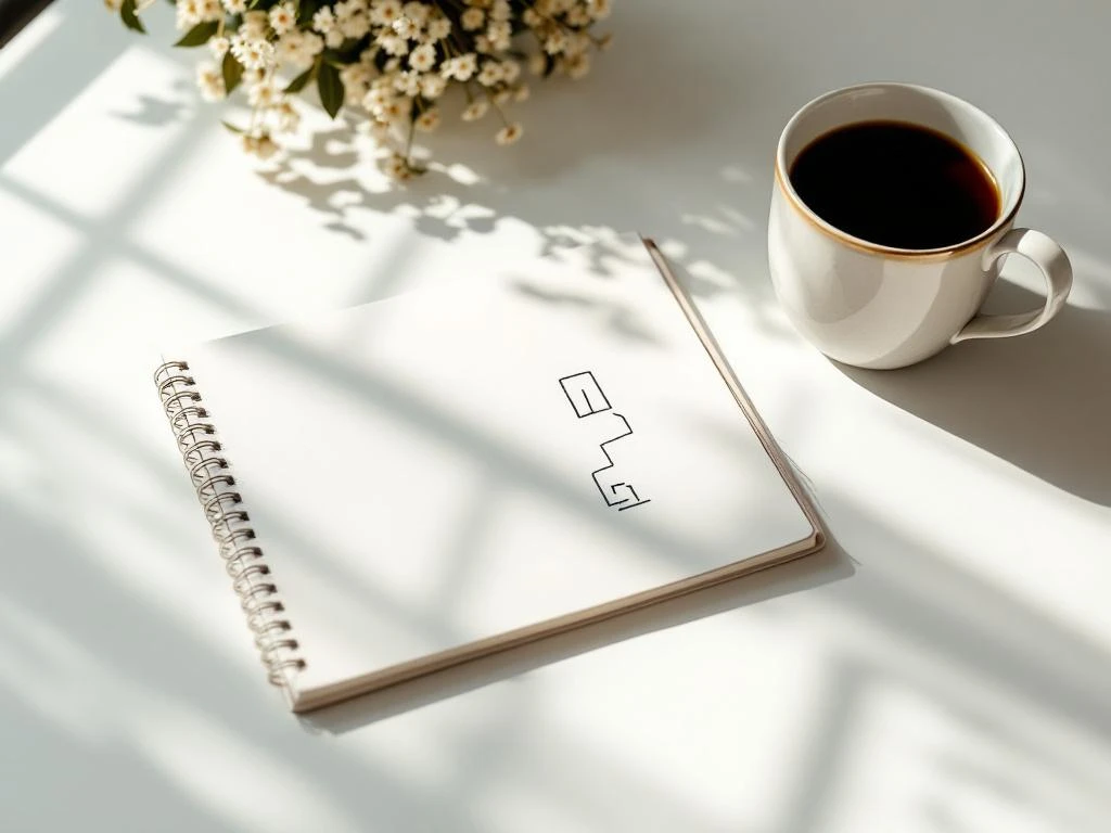 Open notitieboek met handgetekend pad naar deur symbool, koffiekop, wit bureau, natuurlijk licht, nieuwe beginnen concept