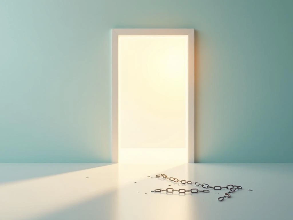 Open witte deur met gouden licht en gebroken ketens die vrijheid symboliseren tegen kalme blauwe achtergrond