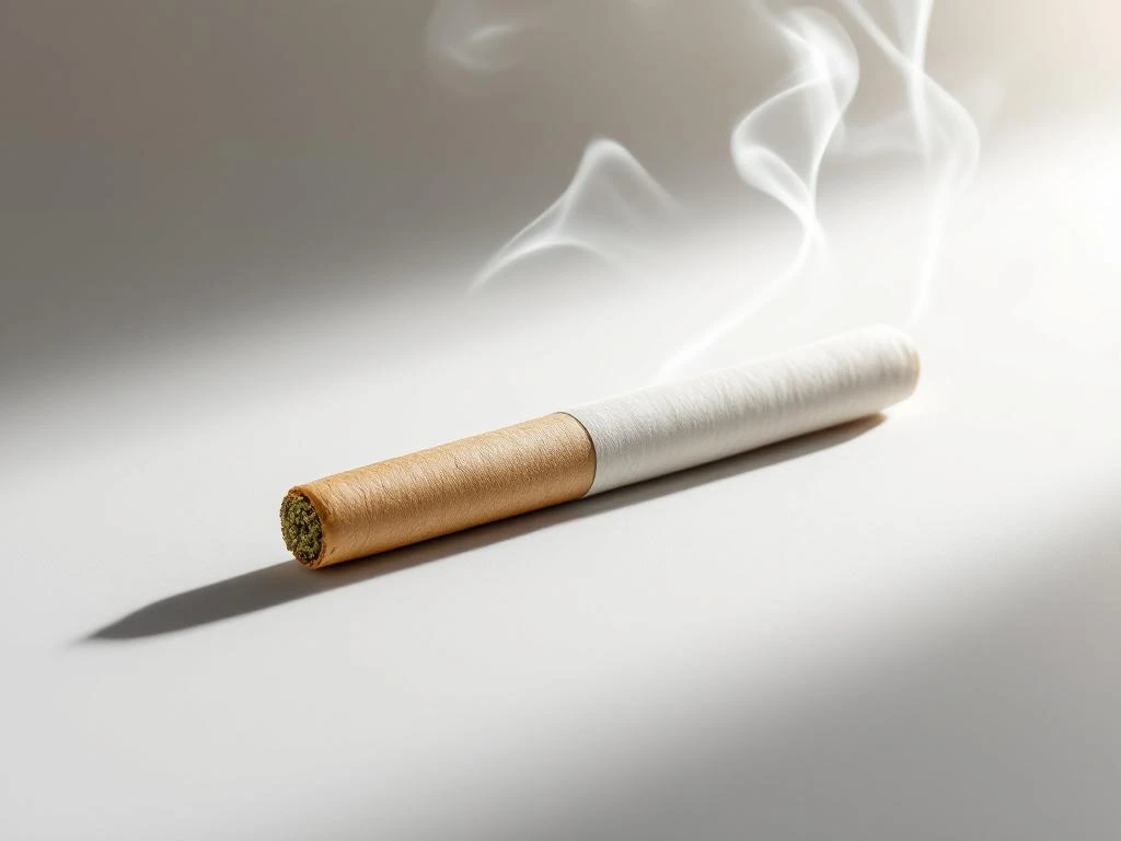 Opgerolde cannabisjoint met rook op neutrale achtergrond, productfotografie in minimalistische stijl