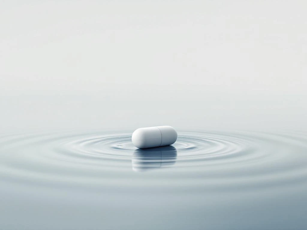 Witte pil drijvend op kalm wateroppervlak met zachte rimpels en reflecties in minimalistische compositie