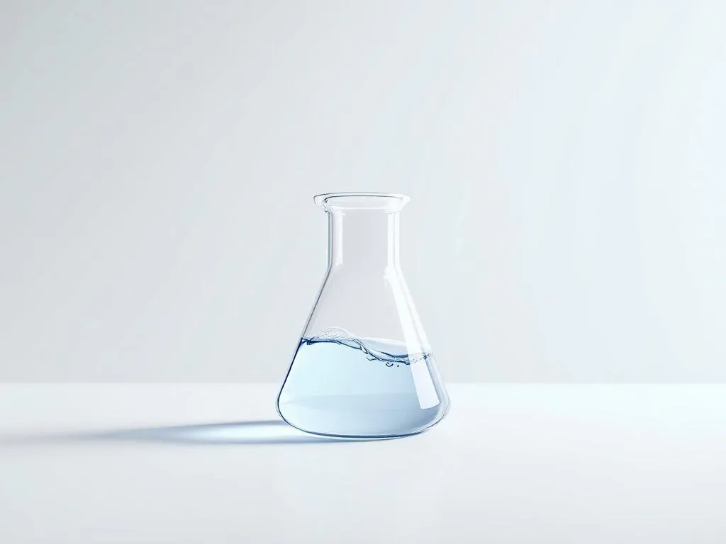 Glazen beker met bleke blauwe vloeistof die eruit stroomt op witte laboratoriumoppervlak