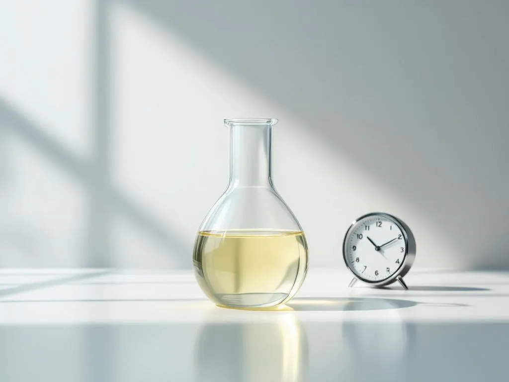 Laboratoriumbekerglas met gele vloeistof en timer op witte ondergrond met klinische verlichting