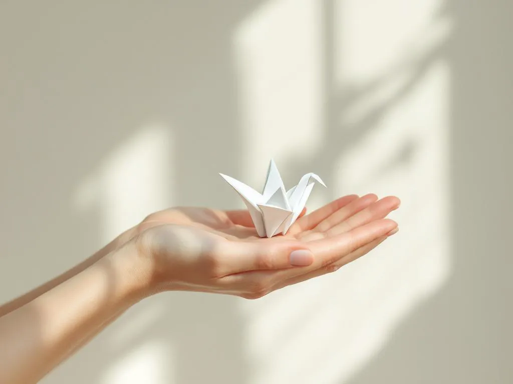 Handen houden voorzichtig een witte origami kraanvogel vast in natuurlijk licht op neutrale achtergrond