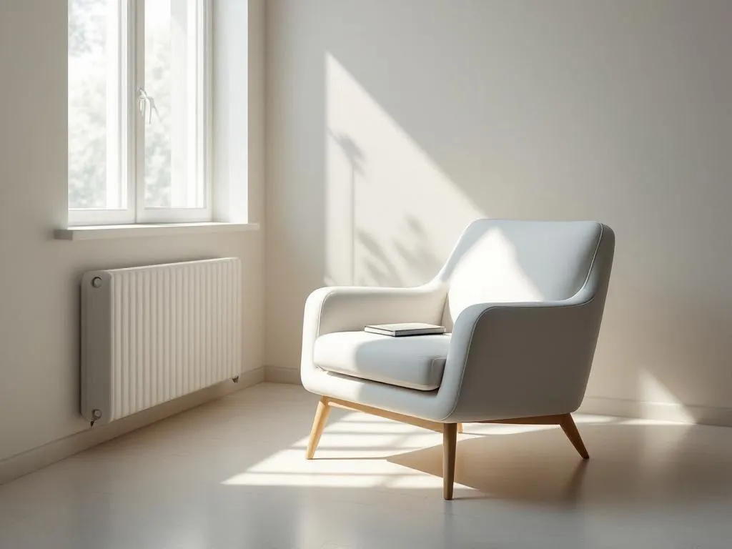 Moderne stoel in lichte therapieruimte met natuurlijk licht en geometrische schaduwen op de vloer