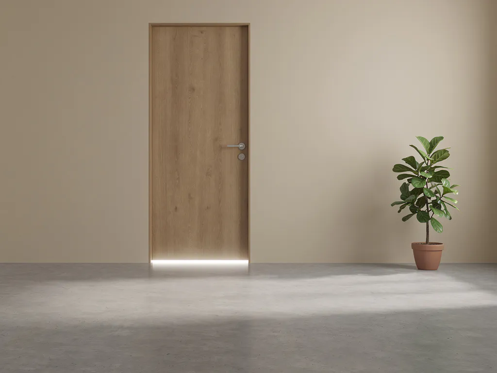 Gesloten houten deur met licht onder de kier en groene plant in de hoek op betonnen vloer