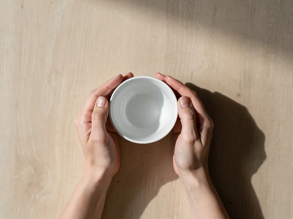 Twee handen houden samen een witte keramische kop boven een lichte eiken tafel in zacht ochtendlicht