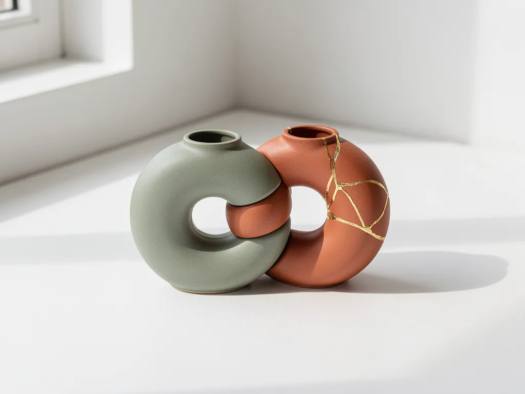Twee verweven keramische vazen in saliegroen en terracotta met gouden kintsugi-herstel op witte ondergrond met natuurlijk licht