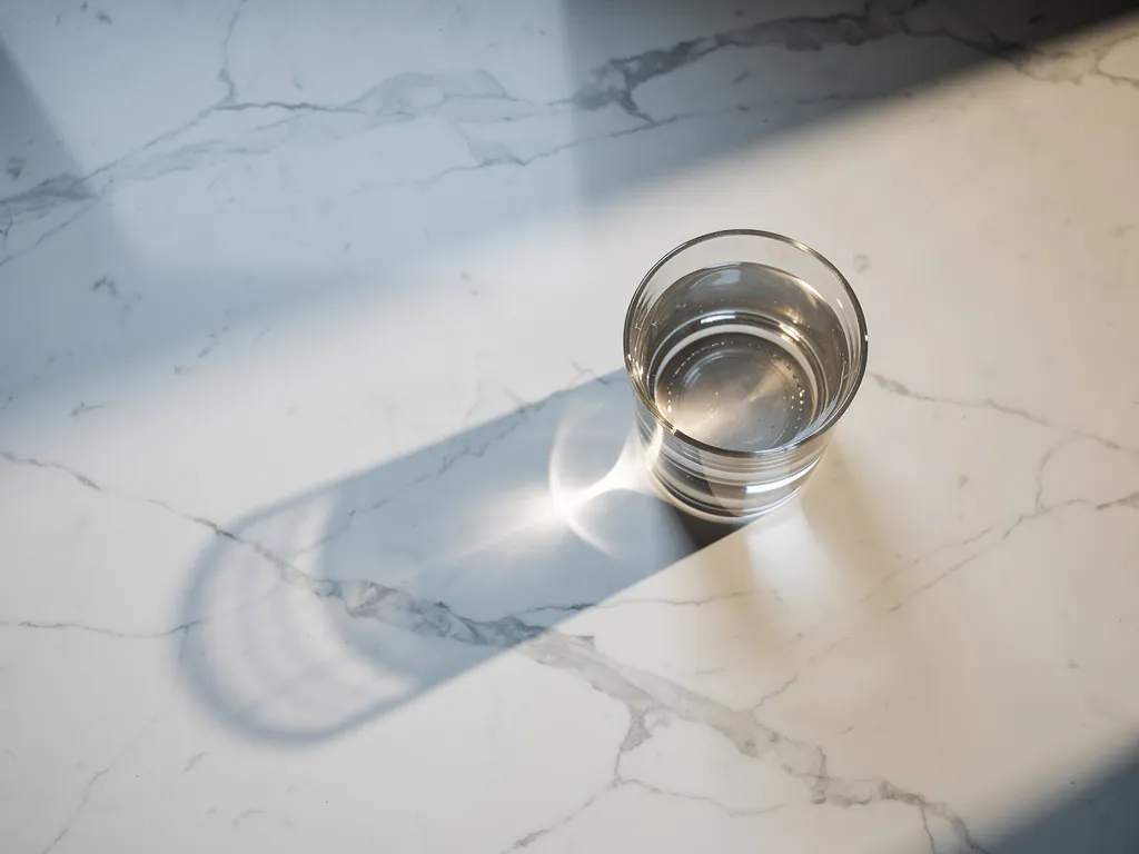 Leeg glas met lange schaduw op wit marmeren oppervlak, minimalistische compositie met zachte belichting die eenzaamheid benadrukt