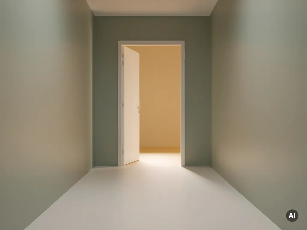 Open deur aan het einde van een minimalistische gang met saliegroen muren, warm amberkleurig licht dat door de drempel valt.