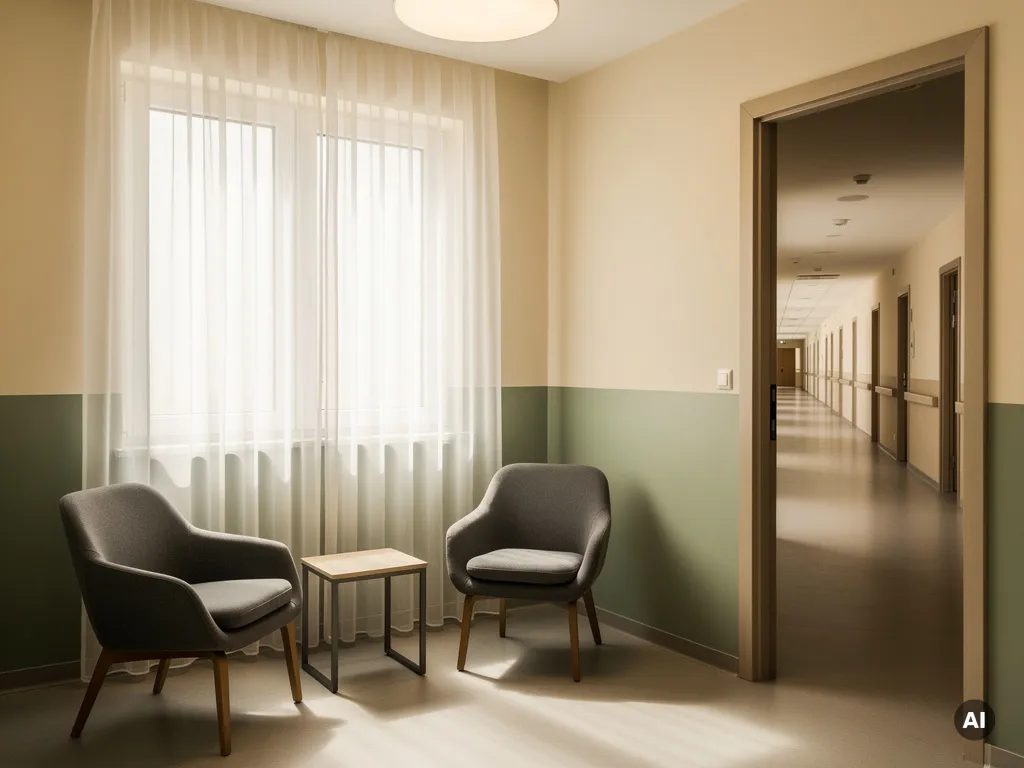 Twee stoelen tegenover elkaar in een minimalistische therapiekamer met zacht raamlicht, met zicht op een institutionele gang door een open deur.